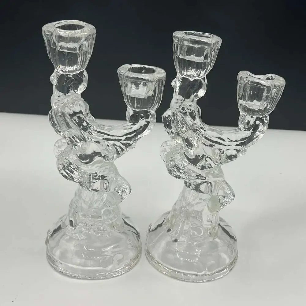 Vintage Clear Glass Cherub Angel 2 Arms Candle Holder Set of 2 - ,Beautiful